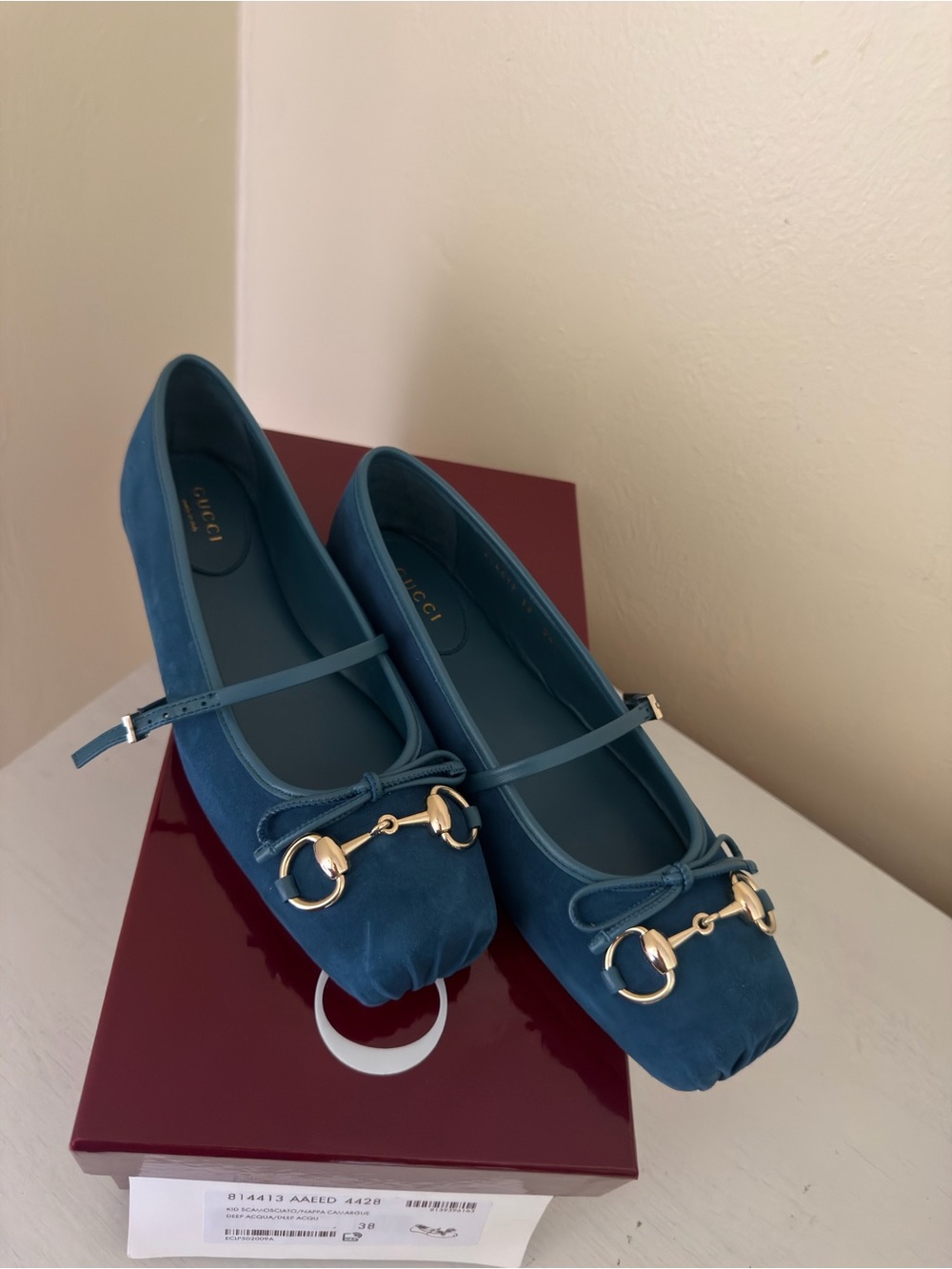 NIB Gucci Horsebit Ballet Flats Blue Suede Mary Jane Shoes Size 38 $1030 - Picture 7 of 13
